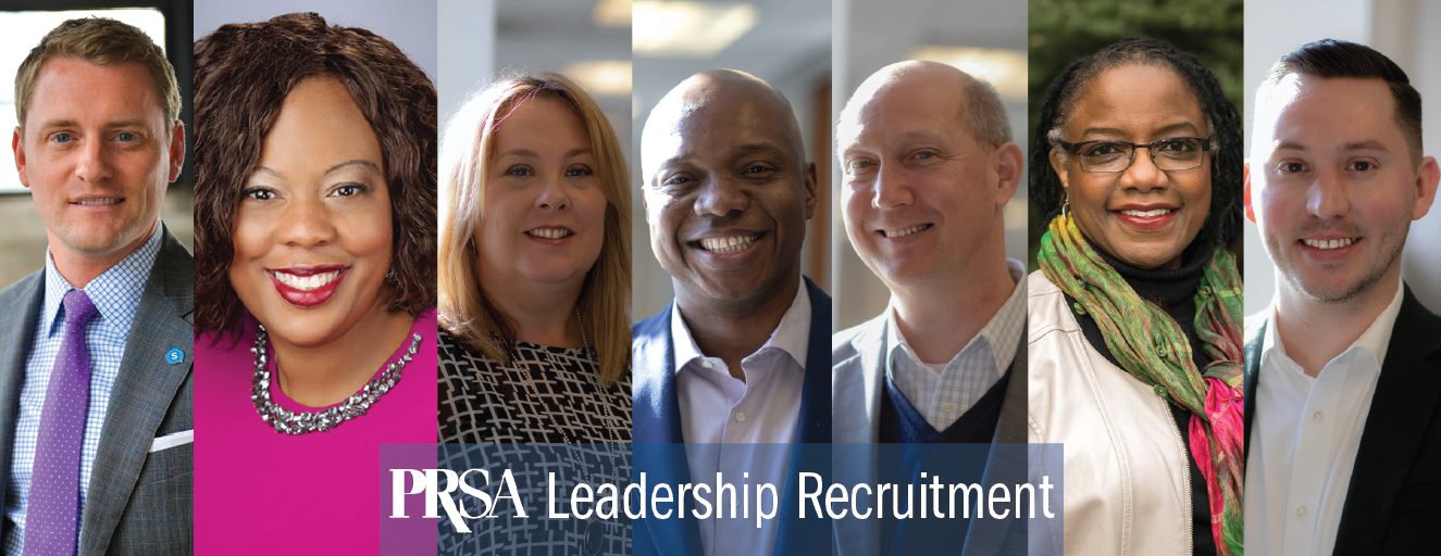 PRSA Leadership Recruitment Banner featuring members of the leadership team at PRSA