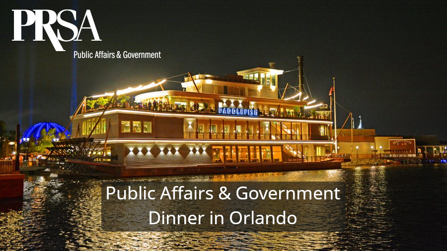 PRSA Public Affairs & Government | Dinner in Orlando (PRSA logo and text superimposed over the image of the Paddlefish boat/restaurant lit up at night)