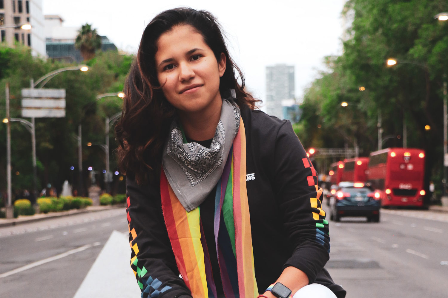 young woman with rainbow scarf