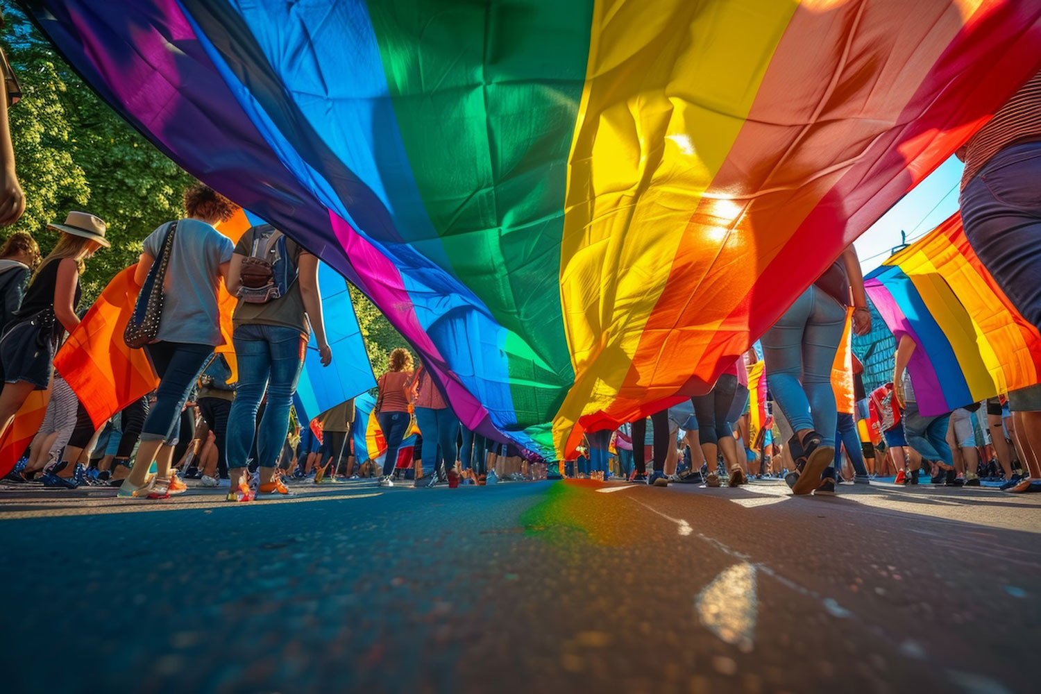 people marching with oversized pride banner