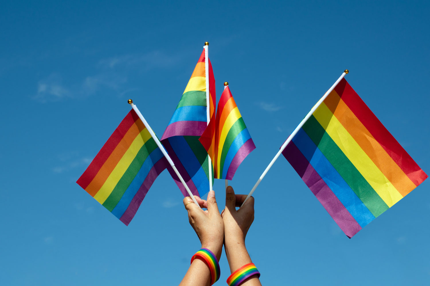hands holding rainbow flags