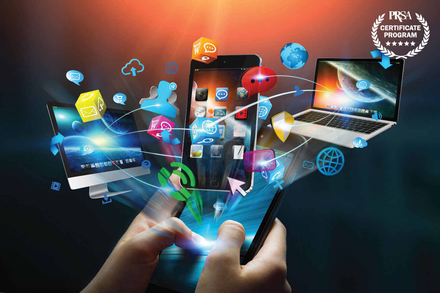 two hands holding smartphone with cloud of icons
