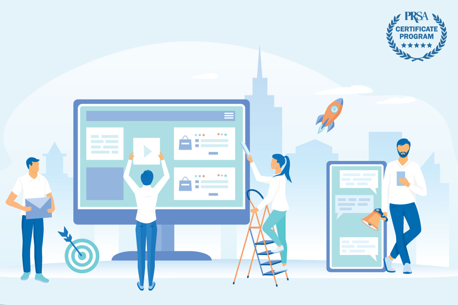 illustration of people attending to a giant-sized computer monitor