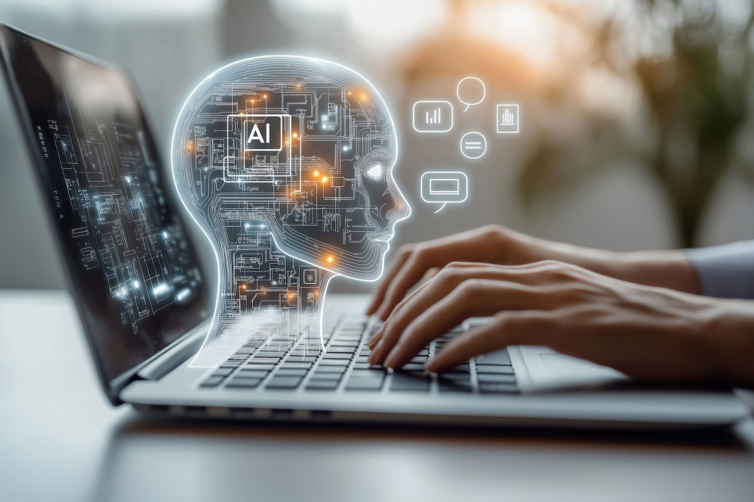 hands on keyboard with cybernetic head