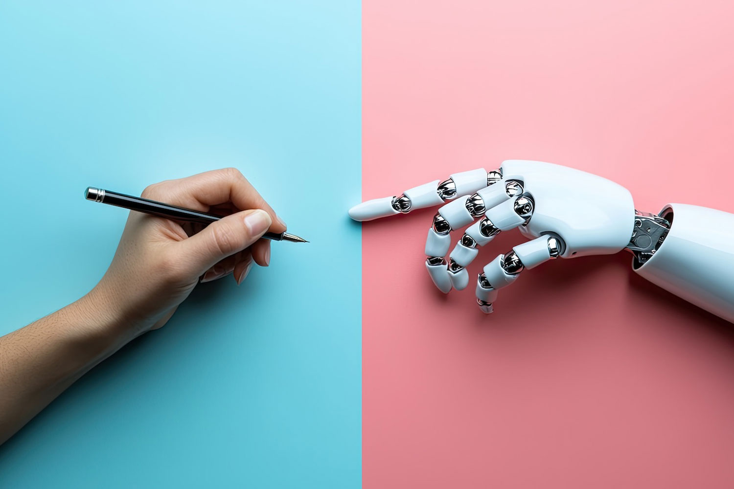 human hand and robotic hand reaching  out