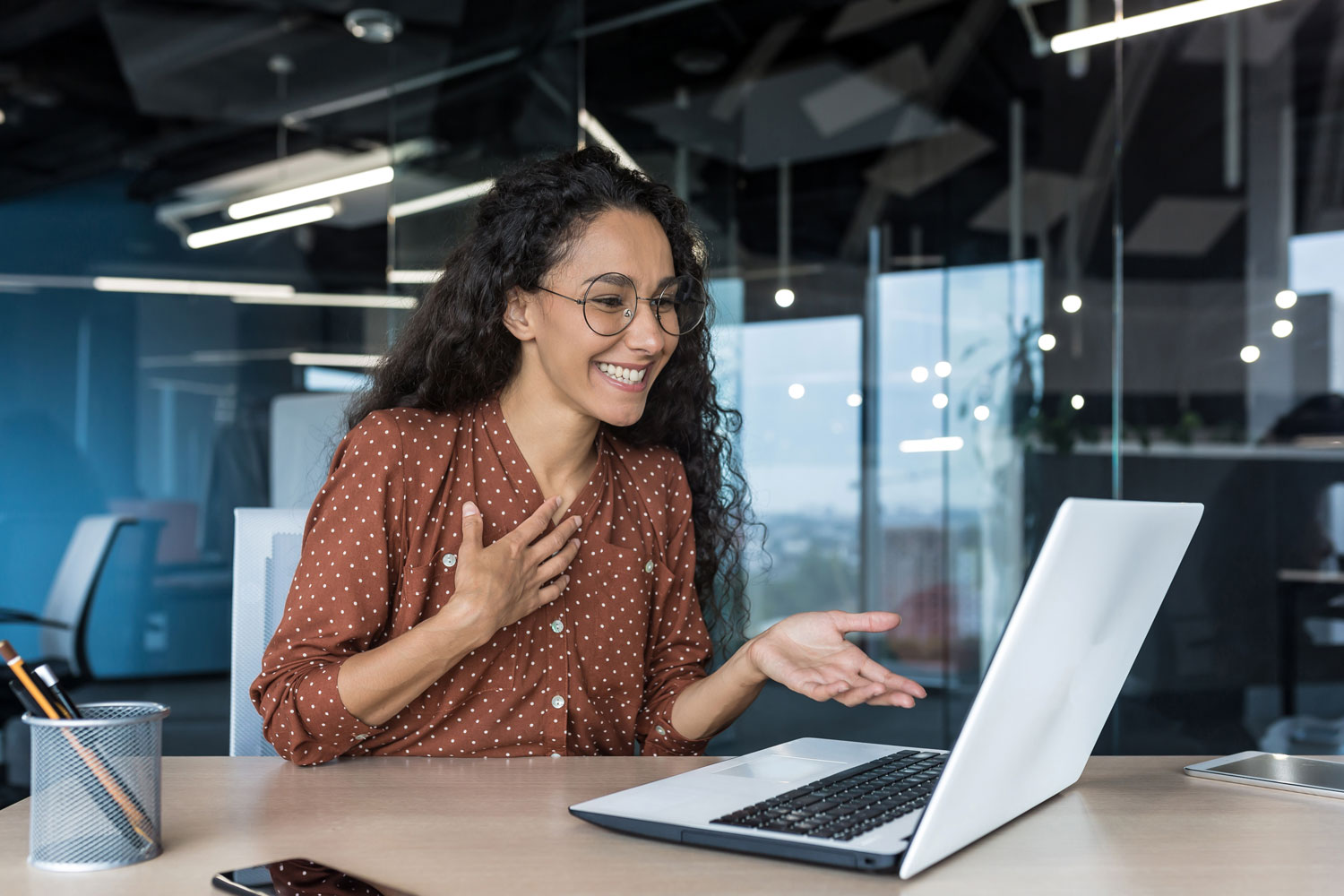 young woman giving virtual panel presentation