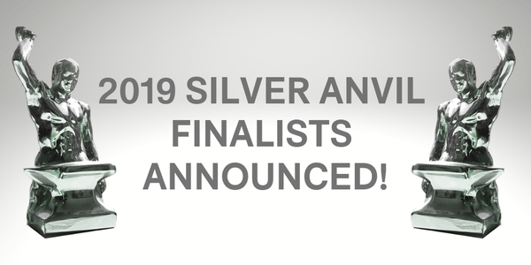 2019 Silver Anvil Finalists Announcement copy displayed in between two physical awards