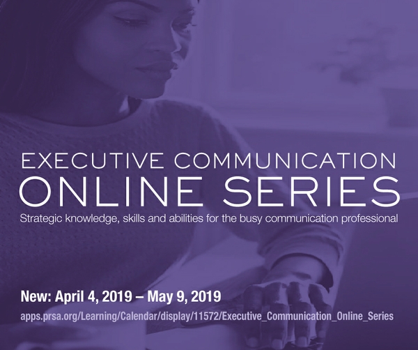 Executive Communication Online Series promotional image with a woman on a computer.