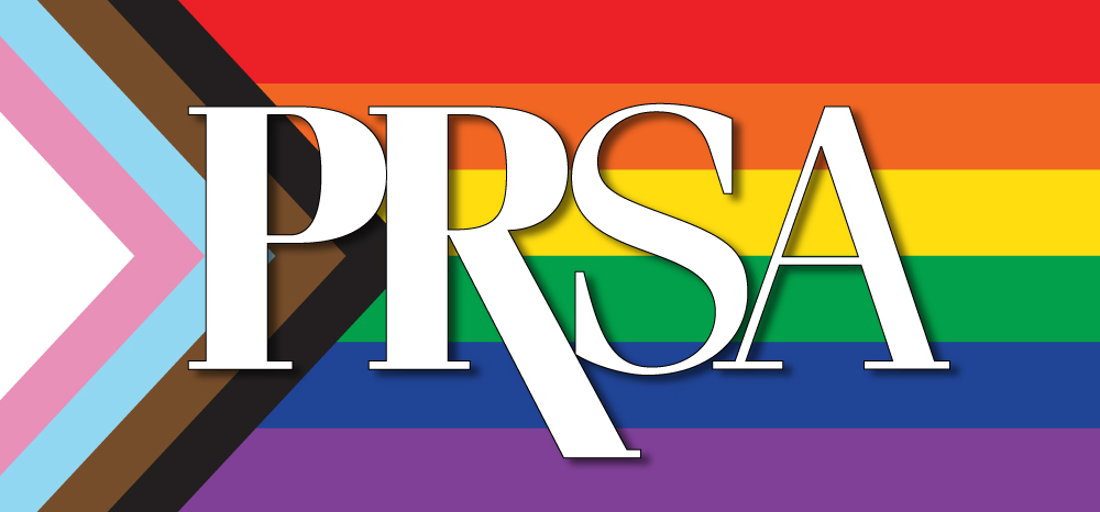 PRSA logo with LGBTQ+  pride flag